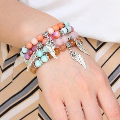 Wing Pendent Charm Bracelets For Women White Howlite Pink Quartzs Cat Eye Stone Bracelet Natural Energy Female Exquisite Jewelry