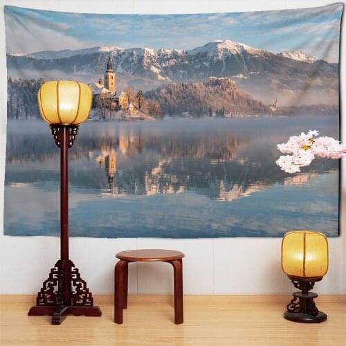 Church Snow Mountain Reflection Tapestry Wall Hanging Bohemian Wind Hippie Psychedelic Rivers Dormitory Modern Home Decor