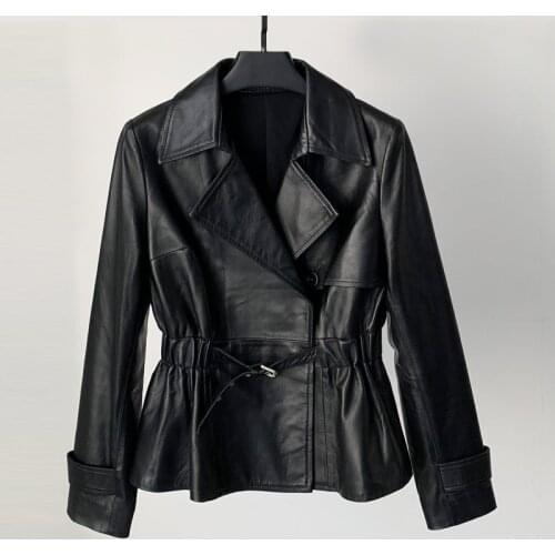 2020 Autumn New Leather Jacket Women Short Suit Coat Sheep Leather Locomotive Elastic Waist Leather Jacket