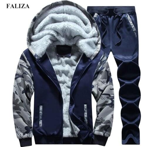 New Casual Tracksuit Men Winter Jacket Men Cotton Inner Fleece Thick Hooded + Pant Suit Hoodies Sweatshirt Sportswear S107