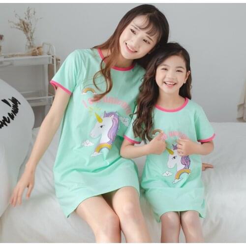 Mother Kids Unicorn Pajamas Mom and Daughter Dress Family Matching Clothes Homewear Baby Girls Cartoon Sleepwear Summer Dresses