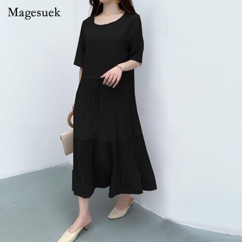 Plus Size Summer Women Dress Solid O-Neck Cotton and Linen Loose Fold Short Sleeve Dress Casual Loose Waist Dress Vestido 14051
