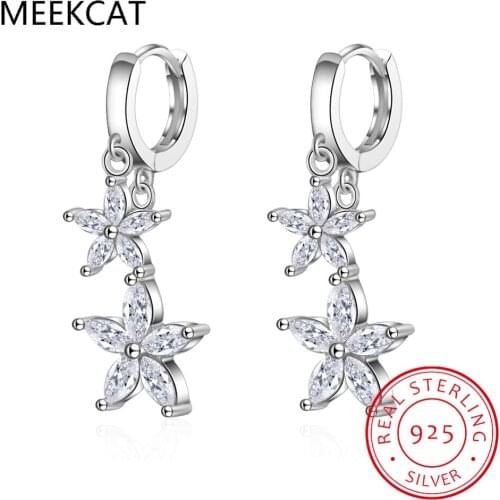 MEEKCAT Double Flower 925 Sterling Silver Earrings Woman Crystal Drop Earrings For Women Trendy Dangle Earring FQL20223