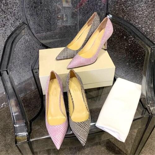 Genuine Leather Womens Shoes Pointed Toes High Heels Pumps Thin Heels Dress Shoes Fashion Brand Shallow Slip On Pumps For Woman
