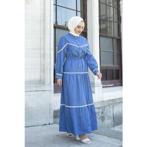 Tunnel Belt Denim Dress Turkey Muslim Fashion Hijab Islam Clothing Dubai 2021
