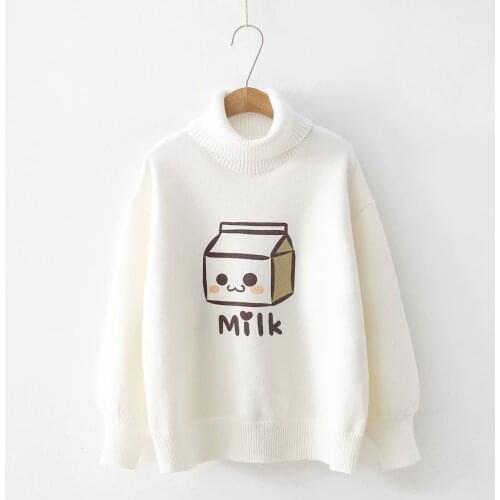 Japanese White Pullover Women Autumn Winter Turtleneck Milk Box Knitted Sweater Girl Student Long Sleeve Sweet Top Clothes H9443