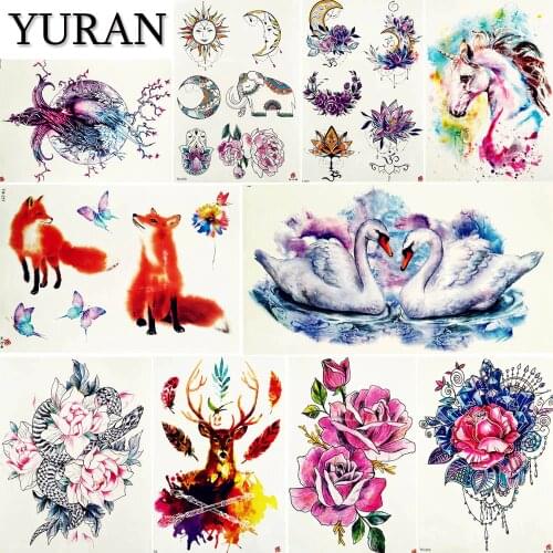 YURAN Watercolour Fox Women Arm Tattoo Stickers Body Arm Art Drawing Tattoos Temporary Girls Waist Big Flora Fake Tatoos Moon