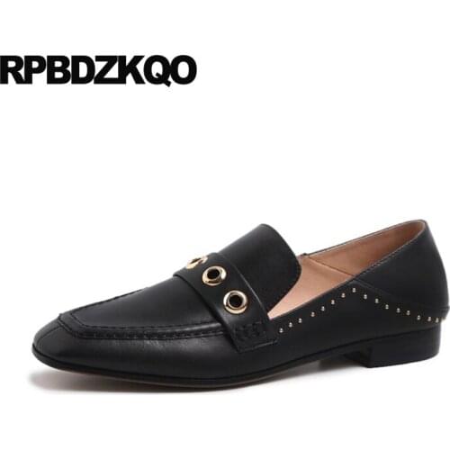 Black women genuine leather slippers designer shoes china flats shallow 2019 rivet loafers mules stud high quality square toe