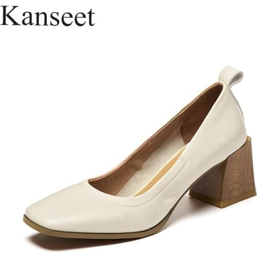 Kanseet 2021 New Women Pumps Spring Autumn Fashion Design Genuine Leather Handmade Square Toe Popular Brown white High Heels
