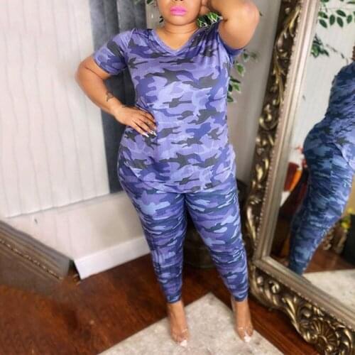 Ladies Camouflage Pants Sets Big Size 4XL 5XL Tops & Pencil Pants Skinny Fashion Causal Outfits 2 Pieces Matching Sets 2021 New