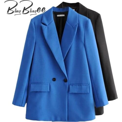 BlingBlingee Women Chic Office Lady Double Breasted Blazer Vintage Coat Notched Collar Long Sleeve Outerwear Stylish Tops