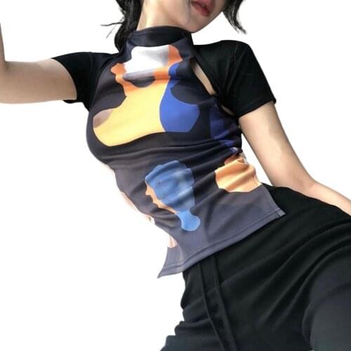 Women Mock Neck Top, Fashion Short Sleeve Portrait Graphic Cutout Slim Fit T-Shirts