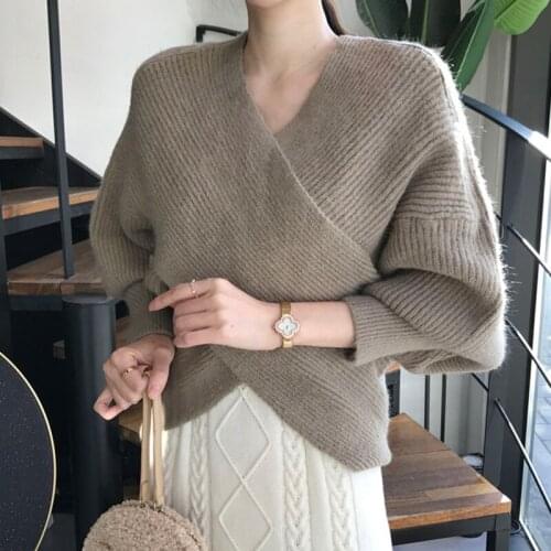 Batwing Sleeve V-neck Crossover Knit Pullover Tops Women Jumpers Korean 2021 Autumn Casual Grey Khaki Female Knitwear Pull Femme