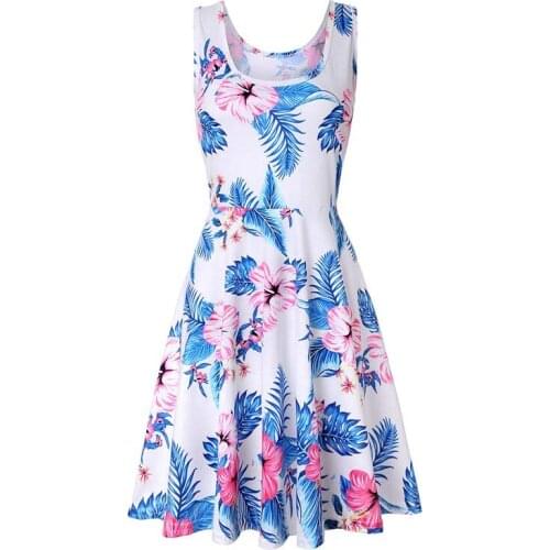 Women Vintage BluePink Flower Print Chic Female O-neck Sleeveless Off Shoulder Straps Casual Bodycon Dress
