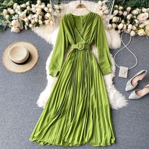 2021 New Spring V Neck Solid Slim Vintage Dress Long Sleeve High Waist Elegant Women Long Dress Fashion Pleated Bandage Vestidos