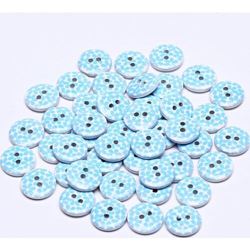100pcs 15mm Blue Flowers Painted Wooden Buttons Craft Scrapbook Sewing Round DIY Button Cardmaking
