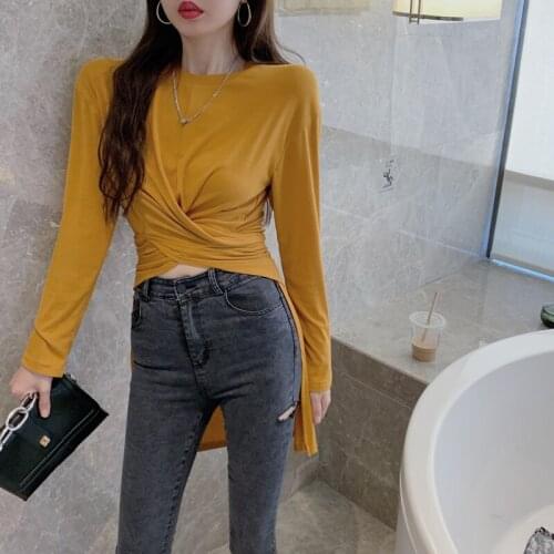 HziriP Folds Asymmetrical O-Neck Split Fork T-Shirt Solid Irregular Skinny Tee 2021 Autumn Office Lady Slim Top Fashion Elegant