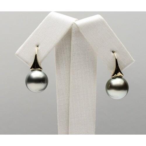 Lustrous 10.6-10.7mm Real Tahitian Gray Pearl Hook Drop Earrings 14k Yellow Gold