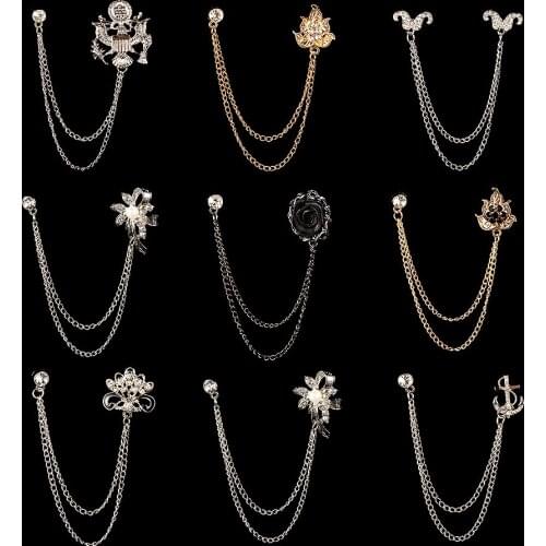 New Fashion Pearl Flower Brooch Alloy Rhinestones Tassel Chain Lapel Pin Beard Suit Shirt Collar Brooches for Women Men Jewelry