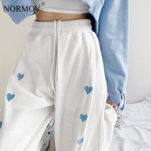 NORMOV Fashion Straight Trousers Women Casual Heart Shaped Embroidery Pants Pockets High Waist Tether Loose Tie Feet Pants Women