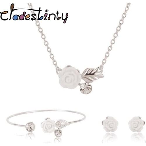 Chadestinty 3 PCS Silver Color Leaves Flower Women Jewellery Set Simple Cute Necklace Stud Earirngs Adjustable Bracelet Sets
