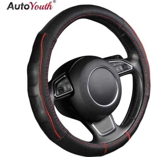AUTOYOUTH Black Genuine Leather Steering Wheel Cover Splice Red Durable Sewing Thread 38cm/15 inch Diameter For vw passat b8