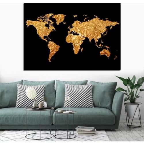 Black Gold World Map Picture Canvas Painting Modern Classic Style Wall Art Abstract Mural Decor for Living Room Cuadros Unframed