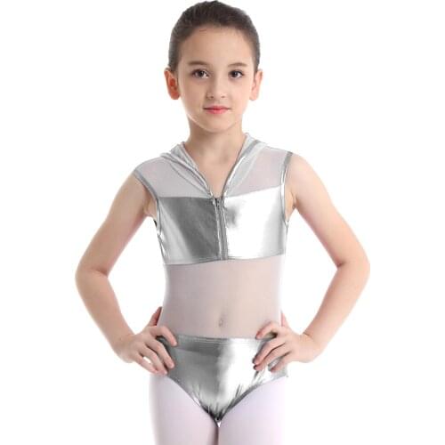 Kids Sleeveless Shiny Metallic Mesh Patchwork Hooded Gymnastics Leotards for Girls Ballet Stage Performance Jazz Dance Costume
