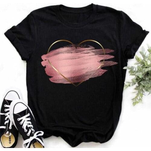 Pink Heart Women Graphic Printed Tshirts Summer Cute Fashion Love Valentine Lady Clothes Tops Tees Print Female Black Tshirts
