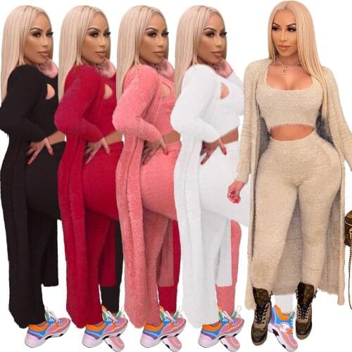 Solid Plush Thick Three Piece Set Fleece Tank Crop Top Long Sleeve Cardigan Pencil Pants Warm Suit Autumn Winter Outdoor Outfit