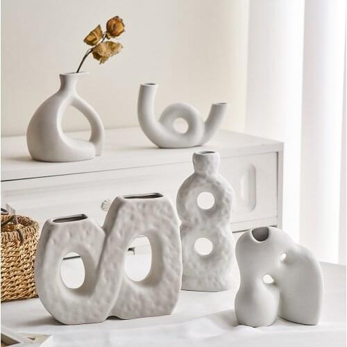 Nordic Vase Special-shaped Ceramic Vase Home Decoration Ornaments Art Vase Off-white Dried Flowers Vase Bedroom Decor Accessory