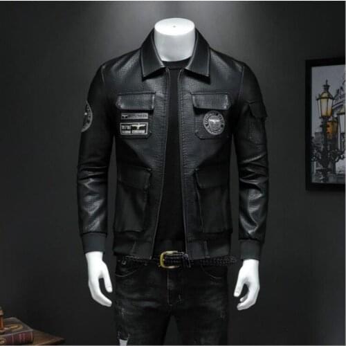 Autumn Fashion Trendy Embroidered Mens Leather Jacket Men Slim Lapel Aviator zipper jackets Male Motorcycle PU Brand Clothing