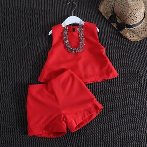 Summer Casual Clothes Sets 2-8Y Toddler Baby Girls Sleeveless Red Vest T-Shirts Tops Red Pants 2PCS Sets without Accessories