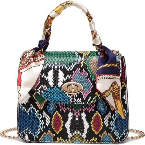 Fashion Women Serpentine Pattern Shoulder Bag PU Leather Scarves Crossbody Messenger Bag Ladies Mini Chain Square Handbags