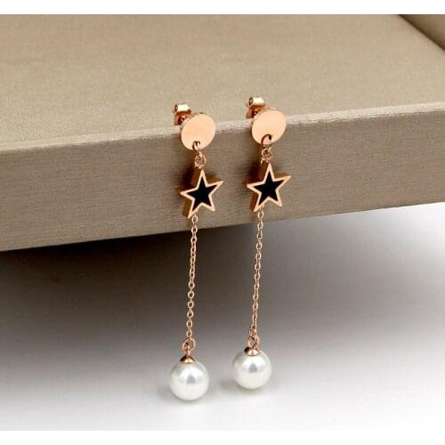 Fashion Jewelry Black Pentagram Chain Pearl Rose Gold Long Stud Earrings Titanium Steel Stud Earrings For Women Gifts Wholesale