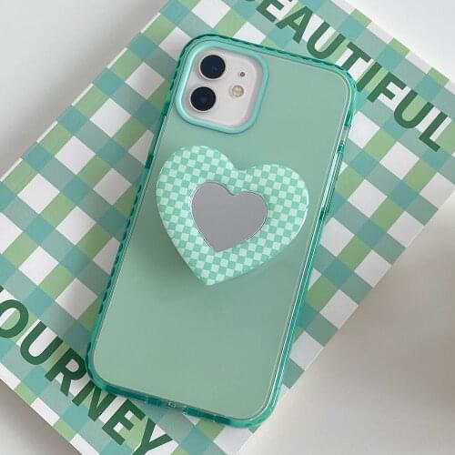 Mint Green Checkerboard Heart Bracket Phone Case For IPhone 12 8Plus 11 Pro Max XR X XS Max Clear Shockproof Soft Silicone Cover
