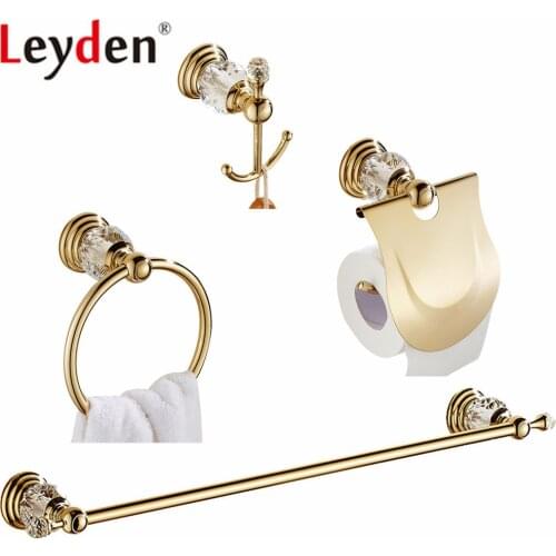 Leyden Gold Finish Zinc-Alloy and Crystal 4pcs Bathroom Accessories Set Single Towel Bar Paper Holder Towel Ring Robe Hook