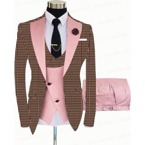 New Fashion Designs Burgundy Plaid Men Suit 3 Pieces Formal Slim Fit Business Blazer Groom Wedding Suit Tuxedo Jacket Vest Pants