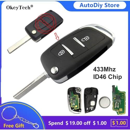 OkeyTech 2 Button ASK Modified Flip Remote Car Key Fob For Peugeot 207 307 407 308 For Citroen C2 C3 C4 433Mhz ID46 Chip HU83
