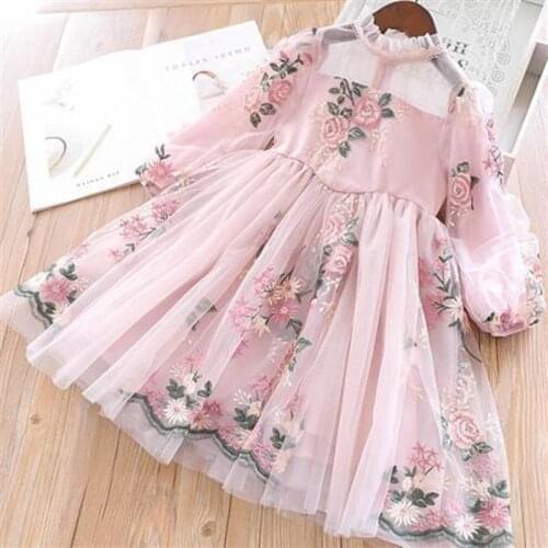 Girls Dresses Spring Autumn Lace Cotton Embroidery Toddler Kids Lantern Sleeve Dress Children Clothes 2 Color 4-9Y