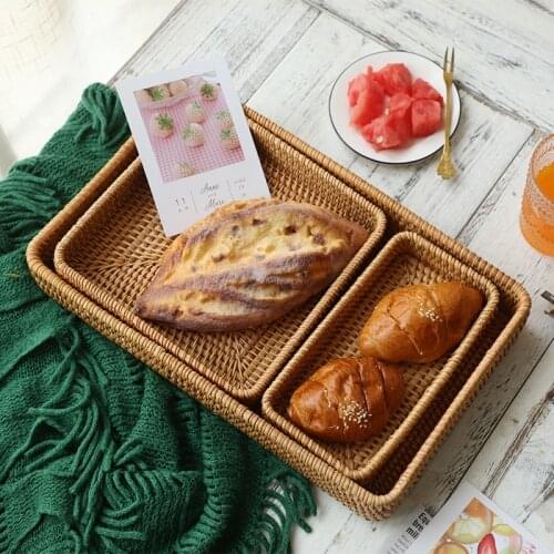 Hand-Woven Rectangular Rattan Wicker Basket Fruit Tea Snack Bread Picnic Cosmetic Storage Box Kitchen Supplies Household Tools