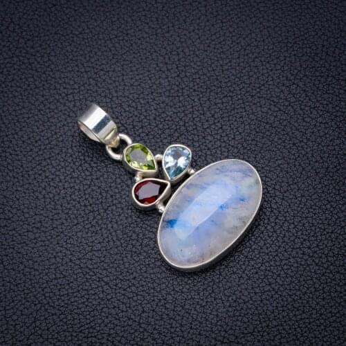 StarGems Natural Rainbow Moonstone Blue Topaz,Peridot And Garnet Handmade 925 Sterling Silver Pendant 1.5" E3802