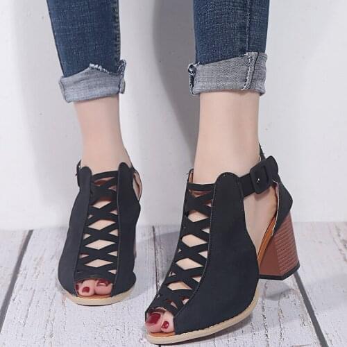 Summer Womens High-Heeled Sandals 2021 Fashion Peep Toe Square Heel Gladiator Black Buckle Strap Rome Single Shoes PU Fabric