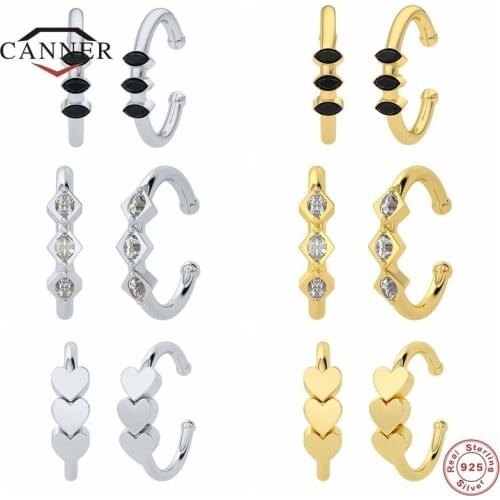 CANNER Real 925 Sterling Silver Black White Zircon Clip Earrings for Women Ear Cuff Clip on Ear Earring Earcuff Jewelry Gift
