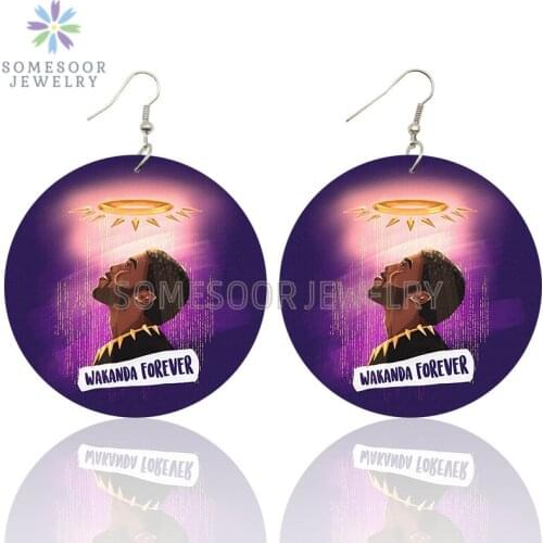 SOMESOOR WAKANDA Forever Chadwick Boseman Wooden Drop Earrings Black King African Inspire Design Printed Loops For Women Gifts
