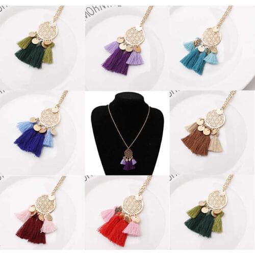 Vintage Round Alloy Jewelry Sweater Long Chain Necklace Hollow Tassel Women Bohemia Pendant