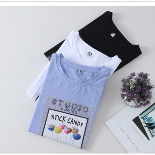 New 2021 Funny Print T shirt Women Clothes Diamond Cotton Korean Casual Female T-Shirt Summer Tops White Short Sleeve Tee Shirt