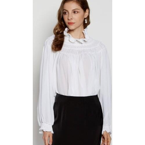 Women Spring Summer Autumn Shirt Ruffled Collar Batwing Sleeve Pleated Casual Loose Tops