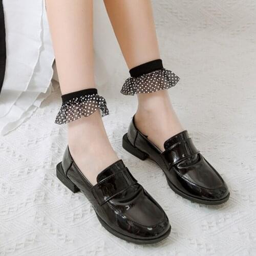 Women Lolita Summer Thin Crystal Glass Fiber Ankle Socks Sweet Polka Dot Ruffle Lace Top Harajuku Transparent Hosiery