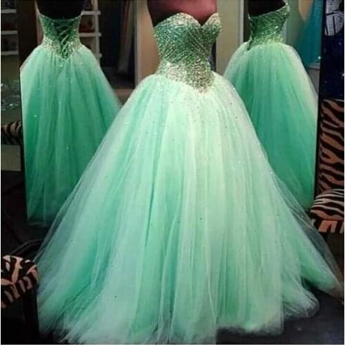 Sweetheart Quinceanera Dresses Mint Green Ball Gown Prom Dresses Tulle Lace Up Long Crystal Beaded Masquerade Vestido De Festa